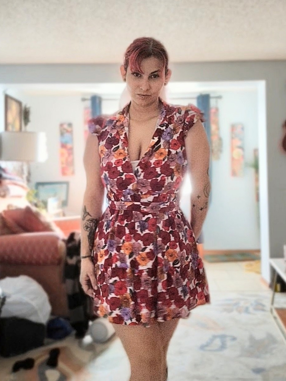 Women's Red Floral V-Neck Cap Sleeve Mini Dress